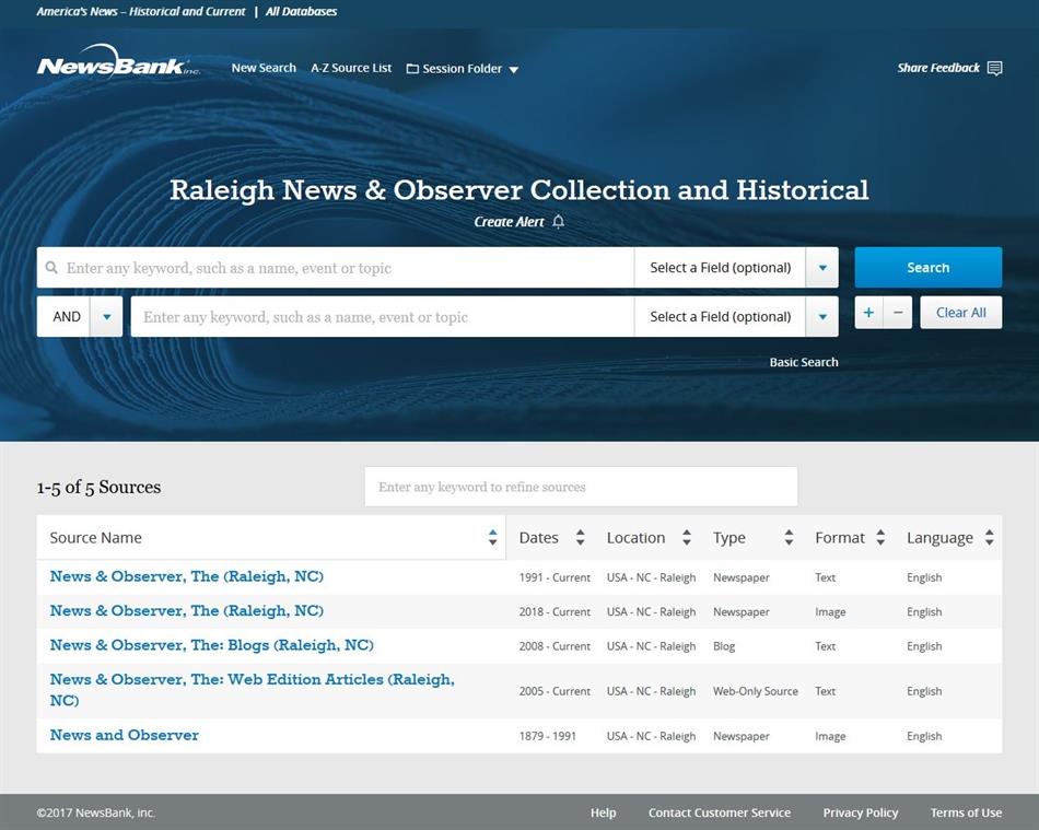 Screenshot of Raleigh News & Observer Historical Archive Database by NewsBank