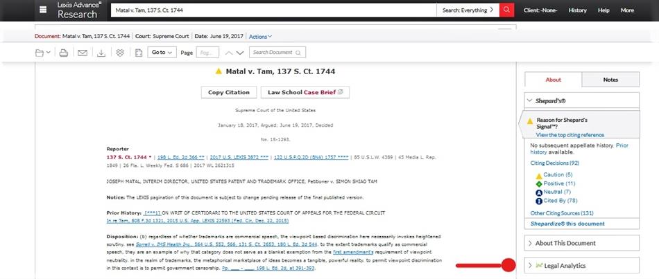 Screenshot of case showing Legal Analytics tool