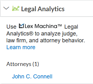 Screenshot of case showing Lex Machina data in the Legal Analytics tool